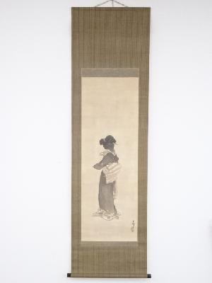 大正～昭和頃　舞雪筆　美人図　肉筆絹本掛軸（保護箱）